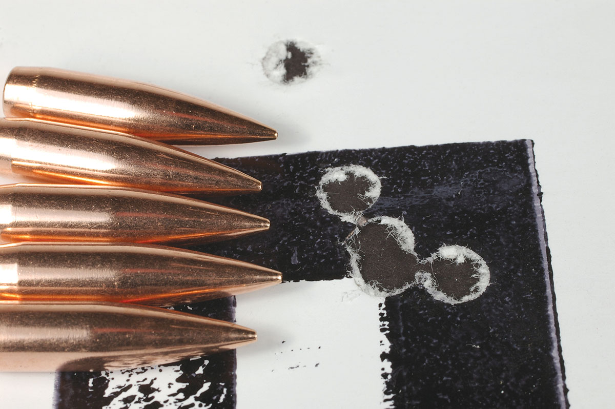 Nosler 70-grain Reduced Drag Factor bullets and Varget powder produced this tight group at 100 yards.